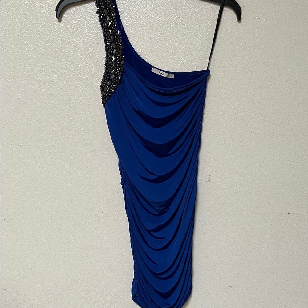 Papaya Royal Blue One-Shoulder Dress with Black Embellishments